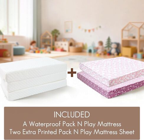 Trifold Pack and Play Mattress 38"x26"x3" – Thick Soft Memory Foam Portable Mattresses with Waterproof Cover & 2 Pack Ultra Soft Stretchy Sheets(Leaves Pattern) in Saudi Arabia