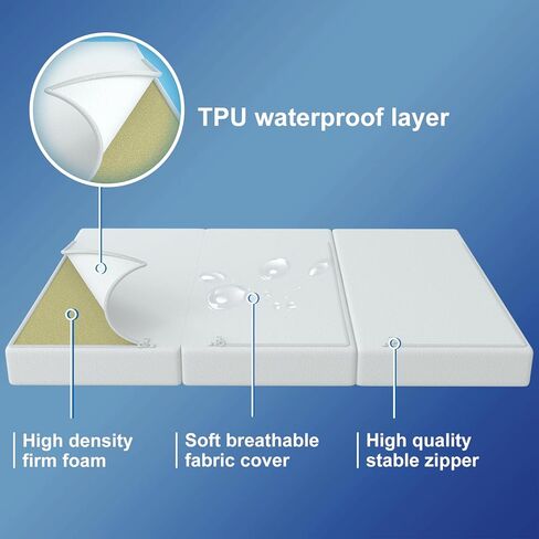 Trifold Mini Mattress, Waterproof 38"x26" Topper for Travel, Removable Washable Cover in Kuwait
