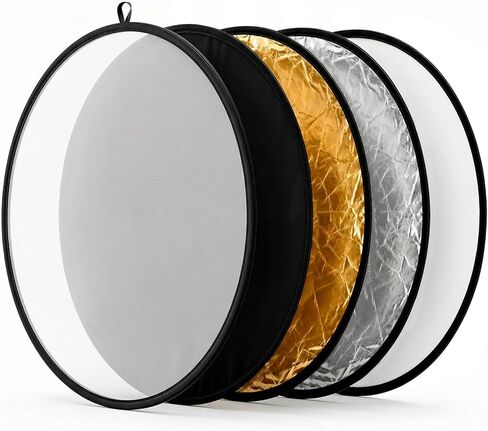 QWORK 22 Inch (60 cm) 5-in-1 Collapsible Light Reflector & Diffuser - Translucent, Silver, Gold, White, Black, Multi Disc Photography Reflector for Studio Outdoor Photography in Kuwait