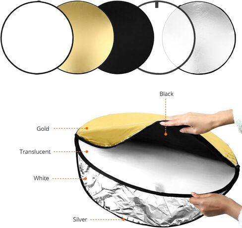 QWORK 22 Inch (60 cm) 5-in-1 Collapsible Light Reflector & Diffuser - Translucent, Silver, Gold, White, Black, Multi Disc Photography Reflector for Studio Outdoor Photography in Kuwait
