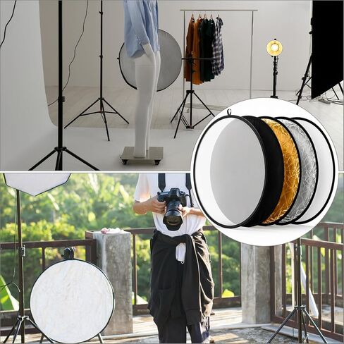 QWORK 22 Inch (60 cm) 5-in-1 Collapsible Light Reflector & Diffuser - Translucent, Silver, Gold, White, Black, Multi Disc Photography Reflector for Studio Outdoor Photography in Kuwait
