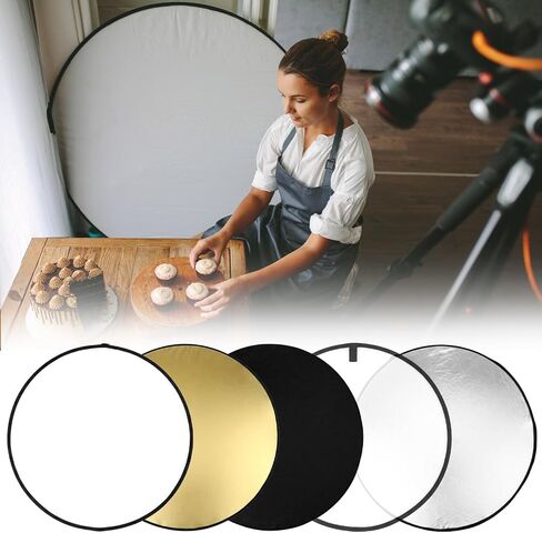 QWORK 22 Inch (60 cm) 5-in-1 Collapsible Light Reflector & Diffuser - Translucent, Silver, Gold, White, Black, Multi Disc Photography Reflector for Studio Outdoor Photography in Kuwait