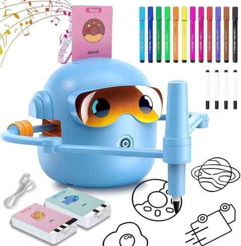 Drawing Robot for Kids with 100 Cards, 12 Colorful Pens & 4 Paintbrushes Montessori Painting Toys for 3-12 Years Old, Voice Read Early Learning Educational Gift for Boys & Girls in Kuwait