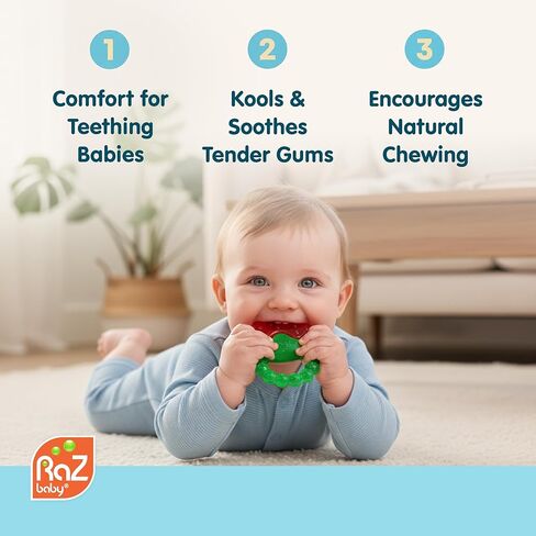 عضاضات RaZbaby Fruit Koolers المكونة من 3 قطع من عضاضات Koolers المملوءة بالماء - راحة تبريد ممتعة مستوحاة من الفاكهة لعمر 3 أشهر فما فوق | عضاضة آمنة وخالية من مادة BPA تعمل على تهدئة اللثة الرقيقة in Kuwait