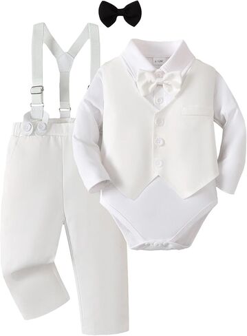 NZRVAWS Newborn Baby Boy Clothes Suit Tuxedo Baptism Outfit Christening Top+Suspenders Pants+Vest+Bow Tie 5PCS 0-24 Months in Kuwait