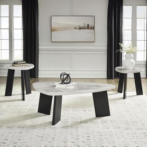 Signature Design by Ashley Lilyberg Contemporary Table with Faux Marble Top, Set of 3, Light Gray & Black in Kuwait