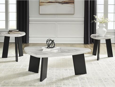 Signature Design by Ashley Lilyberg Contemporary Table with Faux Marble Top, Set of 3, Light Gray & Black in Kuwait
