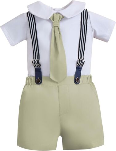 IDOPIP Baby Boys Formal Suit Set Short Sleeve Romper Suspender Shorts Pants Necktie Outfit for Wedding Cake Smash Photo 0-18M in Kuwait