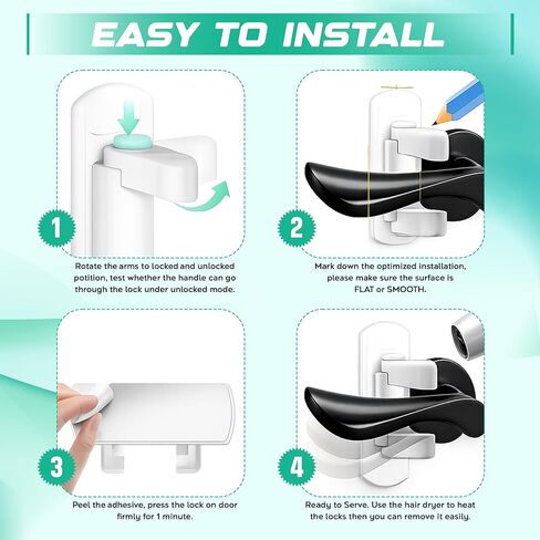 THREADFLOW® قفل ذراع الباب مضاد للأطفال، عبوة مكونة من 4 قطع - مقبض باب بدون حفر، أقفال مقاومة للأطفال - أبواب رافعة تتعامل مع أقفال الأطفال، مادة ABS مع لاصق قوي 3M in Kuwait