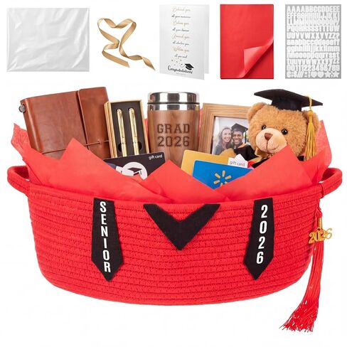 Colingmill Class of 2026 Senior Graduation Gift Basket Empty, 14x10x5.5 Inch Woven Rope Basket with Grad Design Bag & Ribbon Letter Stickers Tassel & Card Decorative DIY Congrats Gift(Black and Blue) in Kuwait