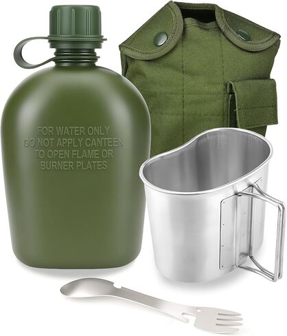 ShenDu Military Canteen، الحرب العالمية الثانية الأمريكية GI Style 1 Quart Water Canteen Kit مع كأس مقصف من الألومنيوم، سبورك من الفولاذ المقاوم للصدأ وغطاء للتخييم، والمشي لمسافات طويلة، وحقائب الظهر in Saudi Arabia