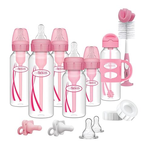 Dr. Brown's Anti-Colic Options+ Narrow Bottle Gift Set with Sippy Straw Bottle, HappyPaci Silicone Pacifiers, Storage/Travel Caps, and Bottle Brush, Pink in Saudi Arabia
