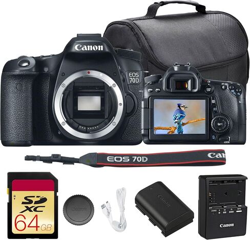 حزمة كاميرا Canon EOS 70D DSLR | مستشعر APS-C بدقة 20.2 ميجابكسل، والتركيز البؤري التلقائي CMOS ثنائي البكسل، ومعالج DIGIC 5+ وشاشة لمس متغيرة الزاوية | رائع للفيديو ومدونات الفيديو (8469B002) + بطاقة سعة 64 جيجابايت + حقيبة كاميرا in Kuwait