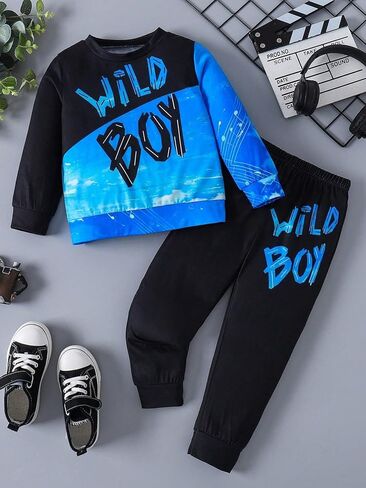 Kid Toddler Boy Clothes Color Block Sweatshirt and Casual Pants 2Pcs Boys Fall Winter Outfits 4-8T in Saudi Arabia