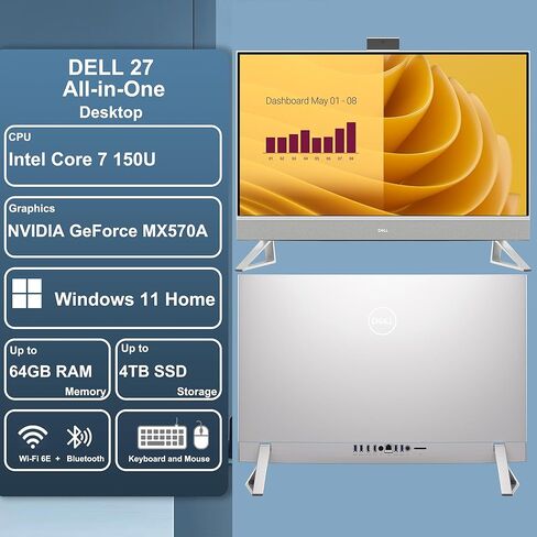 كمبيوتر مكتبي Dell 27 Business AIO مقاس 27 بوصة شاشة لمس FHD (99% sRGB) Intel 10-core Core 7 150U (Beats i7-1355U) ذاكرة الوصول العشوائي 32 جيجابايت 1 تيرابايت SSD GeForce MX570A USB-C Pop-up 5MP كاميرا تعمل بالأشعة تحت الحمراء Wi-Fi 6E Win11Pro in Kuwait