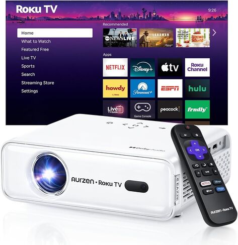 جهاز عرض ذكي من Aurzen Roku TV مع واي فاي وبلوتوث، تجربة تدفق روكو مدمجة، 1080 بكسل فل اتش دي، صوت دولبي، التركيز التلقائي وحجر المفاتيح، تكبير، جهاز عرض صغير محمول للأفلام في الهواء الطلق، أبيض in Kuwait