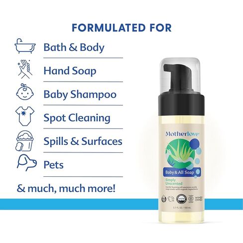 Motherlove Baby & All Soap (5.7 oz) Gentle Foaming All-Purpose Castile Soap Made with Organic Ingredients – Simply Unscented in Kuwait