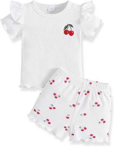 Rosibel Toddler Baby Girls Clothes Ruffle Short Sleeve T-Shirt and Cherry Shorts Sets Summer 2 PCS Outfits for 6M-3Y in Kuwait