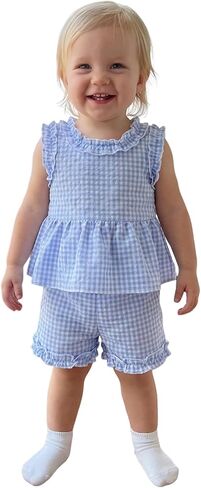 Toddler Baby Girl Summer Outfits Plaid Ruffle Sleeveless Shirt Tank Dress Top and Shorts Summer Clothes Set 2 Piece in Kuwait