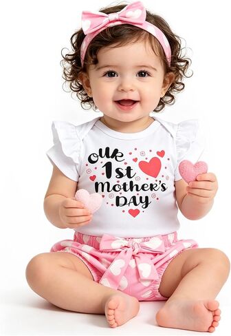Our 1st Mothers 's Day-Happy Mother's Day Baby Girl Clothes Summer Short Sleeve Rompers Shorts With Headband in Kuwait