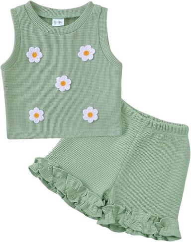 Toddler Baby Girl Outfits Floral Summer Clothes Waffle Sleeveless Tops Ruffle Shorts Cute Infant Spring Clothes Set in Kuwait