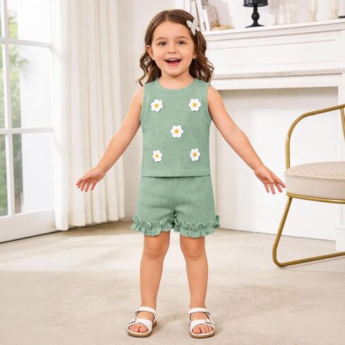 Toddler Baby Girl Outfits Floral Summer Clothes Waffle Sleeveless Tops Ruffle Shorts Cute Infant Spring Clothes Set in Kuwait