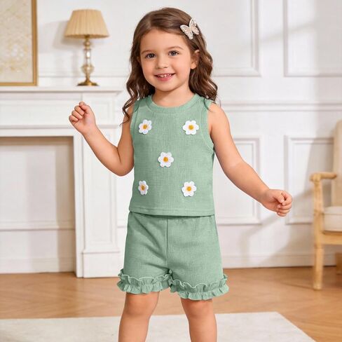 Toddler Baby Girl Outfits Floral Summer Clothes Waffle Sleeveless Tops Ruffle Shorts Cute Infant Spring Clothes Set in Kuwait
