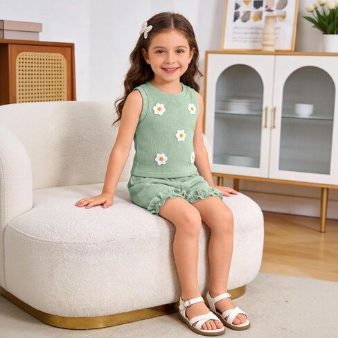 Toddler Baby Girl Outfits Floral Summer Clothes Waffle Sleeveless Tops Ruffle Shorts Cute Infant Spring Clothes Set in Kuwait