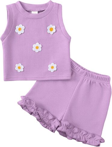 Toddler Baby Girl Outfits Floral Summer Clothes Waffle Sleeveless Tops Ruffle Shorts Cute Infant Spring Clothes Set in Kuwait