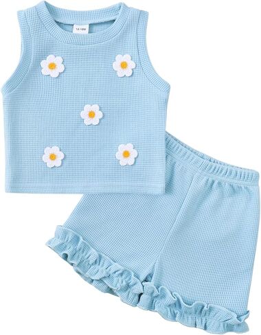 Kislio Toddler Baby Girl Outfits Floral Summer Clothes Waffle Sleeveless Tops Ruffle Shorts Cute Infant Spring Clothes Set in Saudi Arabia