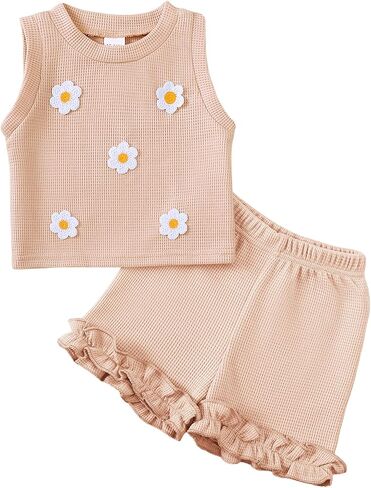 Toddler Baby Girl Outfits Floral Summer Clothes Waffle Sleeveless Tops Ruffle Shorts Cute Infant Spring Clothes Set in Kuwait