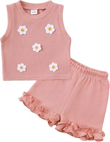 Toddler Baby Girl Outfits Floral Summer Clothes Waffle Sleeveless Tops Ruffle Shorts Cute Infant Spring Clothes Set in Kuwait