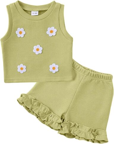 Toddler Baby Girl Outfits Floral Summer Clothes Waffle Sleeveless Tops Ruffle Shorts Cute Infant Spring Clothes Set in Kuwait
