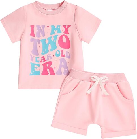 Viworld Toddler Baby Girl 2nd Birthday Outfits Letter Short Sleeve Shirt And Shorts Two Years Old Gifts Summer Clothes in Kuwait