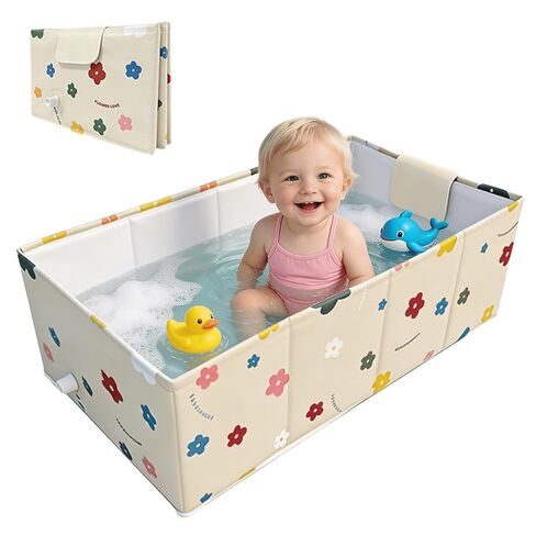 Baby Bathtub, 5-Layer Anti-Tear Foldable Toddler Bath Tub with Padded Bottom Drain Plug, Portable Collapsible Baby Bath for Travel, Shower, Sink, Indoor & Outdoor, 6 Months to 5 Years in Saudi Arabia