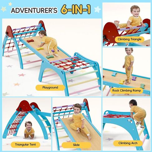 Xilingol Pikler Triangular Set, Foldable Wooden Pickler Climbing Set, Indoor Playground Jungle Gym, 6 in 1 Pikler Triangle Climbing Set for 3+ Years Old, Arch, Slide, Ramp, Toddler, Boys, Girls, Kids in Kuwait