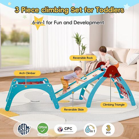 Xilingol Pikler Triangular Set, Foldable Wooden Pickler Climbing Set, Indoor Playground Jungle Gym, 6 in 1 Pikler Triangle Climbing Set for 3+ Years Old, Arch, Slide, Ramp, Toddler, Boys, Girls, Kids in Kuwait