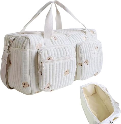 Quilted Tote Diaper Bag, 18.9x8.7x10.2in Bear Pattern Baby Diaper Bag with Multi-pockets, Travel Weekender Bags, Cute Duffle Bags for Women Travel & Hospital in Kuwait