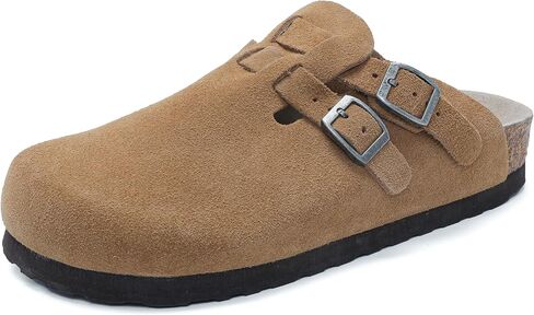 Women Arch Support Suede Clogs,Cork Buckle Flat Thick Sole Leather Memory Foam Supportive Slip on Comfortable Vintage Shoes in Saudi Arabia