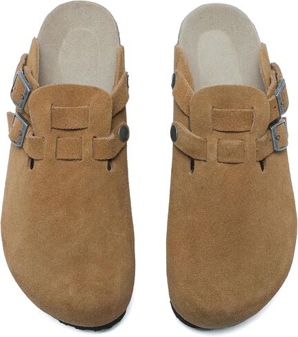 Women Arch Support Suede Clogs,Cork Buckle Flat Thick Sole Leather Memory Foam Supportive Slip on Comfortable Vintage Shoes in Saudi Arabia