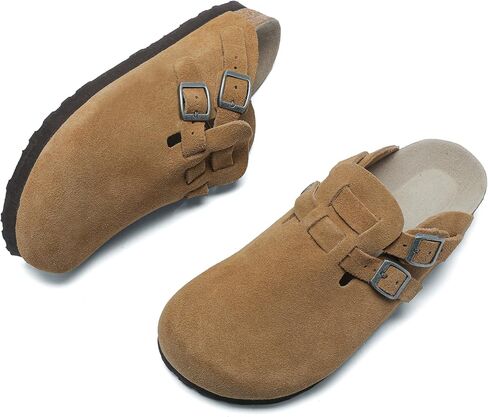 Women Arch Support Suede Clogs,Cork Buckle Flat Thick Sole Leather Memory Foam Supportive Slip on Comfortable Vintage Shoes in Saudi Arabia