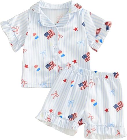 Kuriozud Kids Toddler Girl 4th of July Pajamas Short Sleeve Button Down Shirt Top and Shorts 2pcs Pjs Sets Sleepwear in Saudi Arabia
