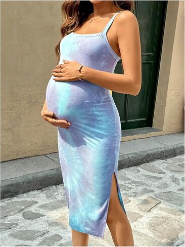 OYOANGLE Women's Maternity Tie Dye Sleeveless Bodycon Midi Dress Slit Thigh Nursing Dress in Saudi Arabia
