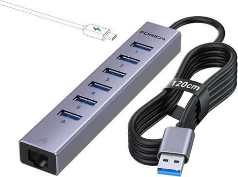 7 Ports USB 3.0 Hub, USB to Network HUB with 3.9ft Long Cable for Laptop, USB Splitter with Gigabit Ethernet Port and 5V/3A Power Port, MultiPort Aluminum Expander for Laptop, iMac, PC, Flash Drives in Saudi Arabia