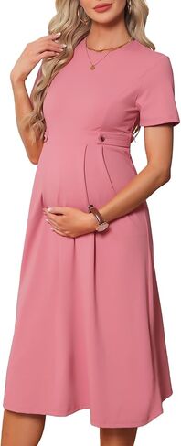 Womens Maternity Work Dress Formal Business A Line Short Sleeve Front Pleated Pregnancy Dresses Semi Office in Saudi Arabia
