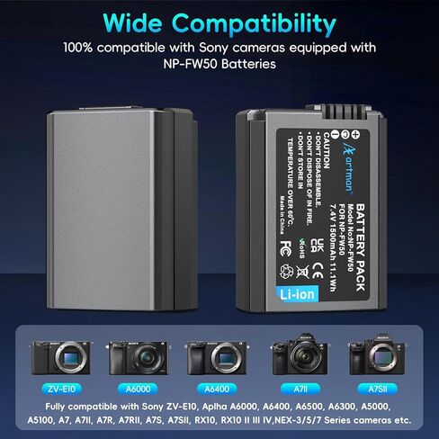Artman NP-FW50 Battery 1500mAh 2-Pack and Dual LCD USB-C Charger for Sony ZV E10, Alpha A6500 A6400 A6300 A6000 A5100 A5000, A7 II, A7R II, A7R, A7S II, A7S, A7, RX10 II III IV, Smart Percent Display in Kuwait