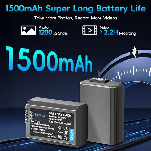 Artman NP-FW50 Battery 1500mAh 2-Pack and Dual LCD USB-C Charger for Sony ZV E10, Alpha A6500 A6400 A6300 A6000 A5100 A5000, A7 II, A7R II, A7R, A7S II, A7S, A7, RX10 II III IV, Smart Percent Display in Kuwait