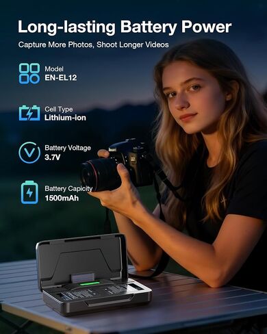 FirstPower EN-EL12 بطارية 2 حزمة وشاحن بطارية ثنائي القناة لنيكون Coolpix S9900، S9700، S9500، S9300، S9100، S8200، S8000، S6300، S6200، S6100، A900، AW110، AW120، AW130، S70، S800c، MH-65 in Kuwait