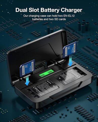 FirstPower EN-EL12 بطارية 2 حزمة وشاحن بطارية ثنائي القناة لنيكون Coolpix S9900، S9700، S9500، S9300، S9100، S8200، S8000، S6300، S6200، S6100، A900، AW110، AW120، AW130، S70، S800c، MH-65 in Kuwait