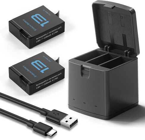 عبوتان من البطاريات بقدرة 2100 مللي أمبير في الساعة متوافقة مع كاميرا GoPro Hero 13 باللون الأسود مع محطة شحن للبطارية ذات 3 فتحات (شاحن وبطاريتين) in Kuwait